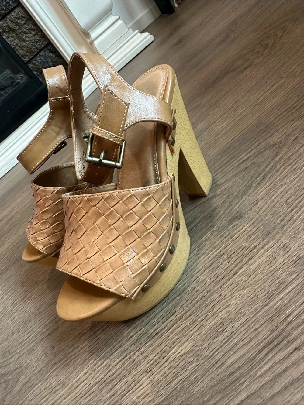 Report Tan Platform Clog Wedges with Stud Accents